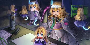 6+girls adjusting_eyewear alice_margatroid alice_margatroid_(skilled_droid_engineer) alternate_costume animal_ears annin_cha black_gloves blonde_hair blue_dress blue_eyes bow bowtie box dress fake_animal_ears fingerless_gloves gas_cylinder gauge gloves goggles goggles_on_head hand_on_eyewear highres holding holding_tablet_pc hood hoodie long_hair long_sleeves matching_shanghai mechanical_tail multiple_girls puffy_long_sleeves puffy_sleeves red_bow red_bowtie shanghai_doll table tablet_pc tail touhou white_hoodie