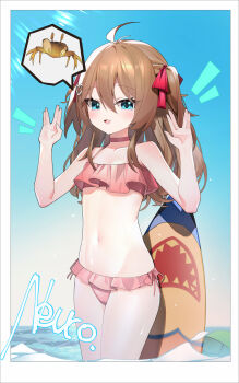 1girl ahoge bare_shoulders bikini bikini_skirt blue_eyes blush border brown_hair character_name collarbone commentary cool_est cowboy_shot crab day flat_chest hair_between_eyes hair_ornament hair_ribbon heart heart_hair_ornament highres indie_virtual_youtuber lens_flare long_hair navel neuro-sama ocean open_mouth outdoors pink_bikini red_ribbon ribbon salute speech_bubble standing surfboard swimsuit symbol-only_commentary virtual_youtuber vulcan_salute water white_border