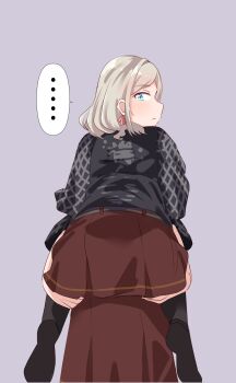 ... 2girls absurdres black_pantyhose black_shirt blush carrying ceras_yanagida_lilienfeld commentary_request dress from_behind grey_background grey_hair hair_ribbon highres katsuragi_izumi lamchan link!_like!_love_live! love_live! multiple_girls pantyhose piggyback pink_ribbon pleated_dress ribbon shirt soles spoken_ellipsis virtual_youtuber