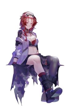 1girl absurdres bakaryuu blush bow braid breasts chest_sarashi chixia_(wuthering_waves) cleavage clothes_around_waist freckles hair_bow highres jacket long_hair looking_at_viewer medium_breasts midriff multicolored_hair navel red_eyes red_hair red_shorts sarashi shirt shirt_around_waist shorts sidelocks simple_background single_sleeve sitting smile solo tacet_mark_(wuthering_waves) teeth white_background white_jacket wuthering_waves