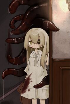 1girl absurdres black_sclera blonde_hair blood blood_on_clothes blood_on_face blood_on_wall child colored_sclera dress glowing glowing_eyes highres holding holding_stuffed_toy horror_(theme) indoors long_hair mismatched_pupils mismatched_sclera oounabara_shirasu original stuffed_animal stuffed_toy teddy_bear tentacles white_dress yellow_eyes
