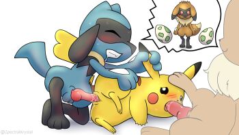 absurdres bad_tag blush eevee everyone fellatio gen_1_pokemon gen_4_pokemon highres nintendo oral pikachu pokemon riolu testicles vaginal zpectralkrystal