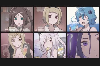 3ch_ 6+girls blonde_hair blush braid braided_bangs breasts brown_hair can cleavage cup drag-on_dragoon drag-on_dragoon_3 drinking_glass drinking_straw eating five_(drag-on_dragoon) four_(drag-on_dragoon) highres holding holding_can holding_cup large_breasts long_hair miichinori mole mole_under_eye monster_energy multiple_girls one_(drag-on_dragoon) pink_eyes purple_eyes purple_hair red_eyes short_hair single_braid smile strong_zero teacup three_(drag-on_dragoon) two_(drag-on_dragoon) white_hair wine_glass zero_(drag-on_dragoon)