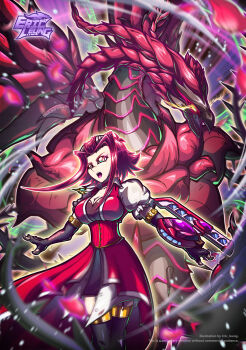 Rule 34 | 1girl, absurdres, black rose dragon, black skirt, blue eyes, blurry, blurry foreground, breasts, card, cleavage, commentary request, dragon, dress, duel disk, duel monster, eric leung274389310, glowing, glowing eyes, glowing tattoo, highres, holding, holding card, izayoi aki, jewelry, large breasts, pendant, red dress, red hair, red petals, skirt, tattoo, trading card, yellow eyes, yu-gi-oh!, yu-gi-oh! 5d's
