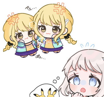 3girls :3 :o :t anger_vein blonde_hair blue_eyes blue_skirt braid catfight chibi chibigurumi clone commentary_request dual_persona flying_sweatdrops fujita_kotone gakuen_idolmaster gen_1_pokemon grey_hair highres idolmaster imagining jacket katsuragi_lilja looking_at_another multicolored_jacket multiple_girls nintendo pikachu plaid_clothes plaid_skirt pokemon pokemon:_the_first_movie_-_mewtwo_strikes_back pokemon_(anime) pokemon_(classic_anime) rurugreen shirt skirt speech_bubble thought_bubble twin_braids wavy_eyes yellow_eyes yellow_shirt
