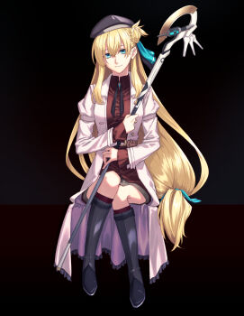 Rule 34 | 1girl, agnes claudel, beret, black background, black hat, blonde hair, blue eyes, boots, braid, breasts, bun with braided base, closed mouth, coat, double-parted bangs, eiyuu densetsu, floating hair, full body, gradient background, hair between eyes, hair bun, hat, highres, holding, holding staff, kuro no kiseki, kuro no kiseki (series), kuro no kiseki ii, lll15u18, long hair, long sleeves, low-tied long hair, mage staff, medium breasts, open clothes, open coat, puffy sleeves, red background, single side bun, sitting, smile, solo, staff, two-tone background, two side up, very long hair