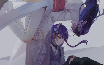 2girls black_thighhighs blunt_bangs bridal_gauntlets close-up closed_mouth crying crying_with_eyes_open fan_hair_ornament floating flower from_side genshin_impact grey_background hair_ornament hashtag-only_commentary japanese_clothes kimono knees_up light_smile lingerie long_hair long_sleeves looking_at_another makoto_(genshin_impact) multicolored_hair multiple_girls purple_eyes purple_hair purple_kimono raiden_shogun red_sash sad sash siblings sisters streaked_hair tearing_up tears thighhighs twins underwear upper_body wide_sleeves wisteria yiling206