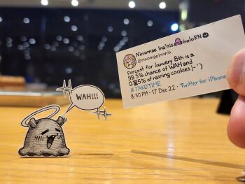 Rule 34 | commentary, commission, english commentary, english text, fang, halo, highres, hololive, hololive english, jqhnharqld, ninomae ina'nis, open mouth, paper child, papercraft (medium), photo (medium), smile, sparkle, takodachi (ninomae ina'nis), twitter, unconventional media, virtual youtuber