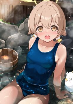 1girl adversarial_noise blue_archive blue_one-piece_swimsuit brown_hair commentary_request covered_navel hair_ornament halo hifumi_(blue_archive) highres kuro_yanagi looking_at_viewer low_twintails one-piece_swimsuit open_mouth partially_submerged peroro_(blue_archive) school_swimsuit shallow_water sitting solo swimsuit teeth twintails upper_teeth_only water wing_hair_ornament yellow_halo