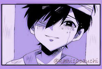 Rule 34 | 1boy, bandaged head, bandages, black eyes, black hair, blush, close-up, commentary request, crying, crying with eyes open, double-parted bangs, eyepatch, hair between eyes, kauchi (kani10cauchi), limited palette, looking at viewer, male focus, medical eyepatch, omori, parted lips, short hair, smile, solo, spoilers, sunny (hospital gown) (omori), sunny (omori), tears, twitter username, upper body