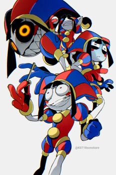 1girl asymmetrical_gloves black_hair black_sclera blue_gloves blush_stickers colored_sclera colored_skin crazy crazy_smile eyeball gloves hat highres holding holding_breath holding_eyeball holding_key jester jester_cap key mismatched_gloves multicolored_clothes multiple_views pomni_(the_amazing_digital_circus) possessed possession puffy_sleeves red_gloves sharp_teeth smile sonokare striped_clothes striped_headwear teeth the_amazing_digital_circus twitter_username vertical-striped_clothes vertical-striped_headwear white_skin yellow_eyes