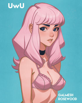 Rule 34 | 1girl, aqua background, artist name, black choker, blue eyes, bra, breasts, choker, cleavage, commentary, english commentary, galmesh rosewood, highres, long hair, looking at viewer, medium breasts, no pupils, original, parted lips, photoshop (medium), pink bra, pink hair, simple background, solo, underwear, underwear only, upper body