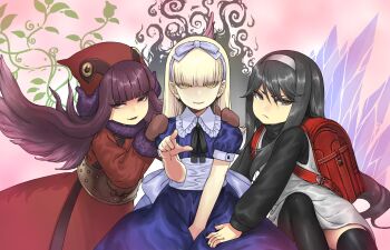 Rule 34 | 3girls, ald, alice (megami tensei), backpack, bag, bird hood, black eyes, black hair, black thighhighs, blonde hair, blue dress, blunt bangs, brown mittens, check commentary, commentary request, demon (megami tensei), devil summoner: soul hackers, devil summoner (series), dress, floating hair, frown, gloves, hair ribbon, hair wings, hairband, highres, long hair, megami tensei, mittens, multiple girls, muu shuwuu (megami tensei), open mouth, petticoat, pointing, pointing at viewer, purple hair, randoseru, red bag, ribbon, sako erika, shin megami tensei, short sleeves, smile, thighhighs, very long hair, wings, yellow eyes