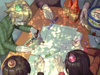 2girls 3boys alternate_costume aubrey_(faraway)_(omori) aubrey_(omori) basil_(faraway)_(omori) basil_(omori) birthday_cake black_hair blonde_hair cake closed_eyes collared_shirt decoy_bbb english_text food green_shirt happy_birthday hat hero_(faraway)_(omori) hero_(omori) highres holding holding_marker holding_plate long_hair long_sleeves mari_(faraway)_(omori) mari_(omori) marker multiple_boys multiple_girls omori open_mouth orange_joe_(omori) party_hat plate shirt short_hair smile sunny_(omori)