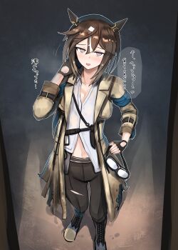 Rule 34 | 1girl, absurdres, animal ears, black gloves, breasts, brown hair, cleavage, coat, commentary request, ear covers, fingerless gloves, gloves, goggles, gradient eyes, highres, horse ears, horse girl, kanikama25, long sleeves, looking at viewer, multicolored eyes, navel, shirt, solo, speech bubble, stay gold (sunlit outsider) (umamusume), stay gold (umamusume), torn clothes, torn coat, translation request, umamusume, white shirt, yellow coat