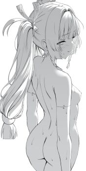 1girl :3 absurdres android ass braid braided_sidelocks breasts commentary completely_nude from_behind greyscale half-closed_eyes head_cha_la highres long_hair looking_at_viewer looking_back monochrome nipples nude qingyi_(zenless_zone_zero) side_braids sidelighting sidelocks small_breasts smile solo thighs twintails zenless_zone_zero