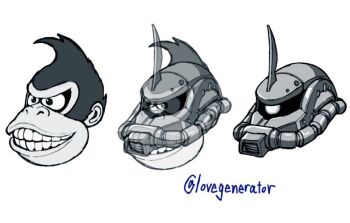 1boy crossover donkey_kong donkey_kong_(series) furry furry_male gouf greyscale gundam head_only kin-san_(sasuraiga) mecha mobile_suit_gundam monochrome nintendo robot simple_background teeth twitter_username