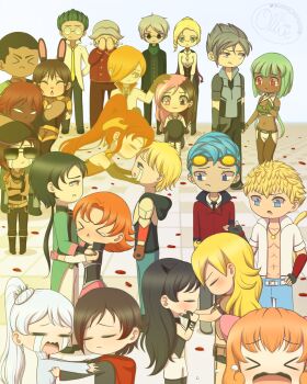 >_< 6+boys 6+girls abs absurdres animal_ears artist_name black_hair blake_belladonna blonde_hair blush breasts brown_eyes brown_hair cat_ears chibi closed_eyes comforting covering_face fingerless_gloves glasses gloves green_eyes green_hair hands_on_another's_face headpat heterochromia highres hood hug large_breasts long_hair low_ponytail mature_female mature_male monkey_tail multiple_boys multiple_girls muscular muscular_male neopolitan_(rwby) nora_valkyrie open_mouth orange_hair pants penny_polendina pink_eyes pink_hair pointy_hair ponytail pyrrha_nikos red_hair roman_torchwick ruby_rose rwby short_hair side_ponytail sun_wukong_(rwby) sunglasses tail teacher tears weiss_schnee white_hair yang_xiao_long years