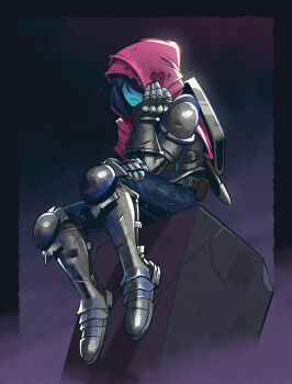 1other androgynous angusburgers arm_armor arm_support armor closed_mouth commentary deltarune english_commentary full_body gauntlets hair_over_eyes kris_(dark_world)_(deltarune) kris_(deltarune) leg_armor other_focus pauldrons pink_shawl shawl shoulder_armor sitting solo stitched_pants sword sword_on_back utdr_(toby_fox) weapon weapon_on_back
