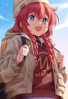 1girl absurdres backpack bag blue_archive blue_eyes blue_sky braid brown_coat brown_hat cloud coat commentary day english_commentary hair_between_eyes hat highres holding_strap long_hair long_sleeves maki_(blue_archive) maki_(camp)_(blue_archive) mikazon official_alternate_costume official_alternate_hairstyle open_clothes open_coat open_mouth outdoors red_hair red_sweater shirt sky smile solo standing sweater turtleneck turtleneck_shirt twin_braids