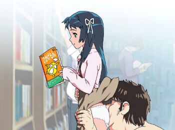 1boy 1girl age_difference animated animated_gif ass black_hair blurry blurry_background clothes_lift clueless copyright_request face_in_ass fat fat_man flat_chest glasses heterochromia loli long_sleeves nighthawk_(circle) panties public_indecency reading skirt skirt_lift sleeves_past_wrists standing time_stop underwear upskirt white_panties