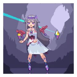 1girl animated cave chest_jewel corset crown dancing demonlordraizen detached_collar dress gem hair_flaps hololive hololive_english koseki_bijou koseki_bijou_(1st_costume) long_hair open_mouth pixel_art purple_eyes purple_hair solo tagme very_long_hair video virtual_youtuber white_dress wings
