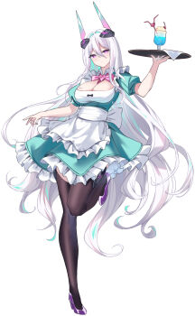 1girl alternate_costume apron aqua_dress azur_lane black_thighhighs blue_pupils blush bow breasts cherry cleavage closed_mouth collar colored_inner_hair commentary_request crazy_straw cup dot_mouth dress drinking_glass drinking_straw enmaided food frilled_apron frilled_dress frills fruit full_body hair_between_eyes hair_intakes hand_up headgear heart_straw high_heels highres holding holding_tray kearsarge_(azur_lane) large_breasts long_hair looking_at_viewer maid maid_apron multicolored_hair pink_bow pink_eyes purple_shoes rubisco shared_straw shoes simple_background solo standing standing_on_one_leg thighhighs tray very_long_hair white_apron white_background white_collar white_hair