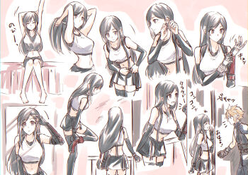 1boy 1girl adjusting_clothes adjusting_hair arms_up bare_legs bare_shoulders barefoot black_gloves black_hair black_skirt black_sleeves black_sports_bra black_thighhighs blonde_hair boots bracelet breasts cloud_strife commentary_request crop_top detached_sleeves dressing earrings feet final_fantasy final_fantasy_vii final_fantasy_vii_remake fingerless_gloves gloves height_difference highres jewelry knocking long_hair looking_at_another looking_at_mirror medium_breasts midriff mirror mizuamememe navel notice_lines opening_door red_boots sequential short_hair single_arm_guard single_earring skirt spiked_hair sports_bra stretching suspender_skirt suspenders swept_bangs tank_top thighhighs tifa_lockhart waking_up white_tank_top