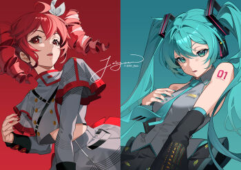 Rule 34 | 2girls, absurdres, ahoge, aqua hair, aqua nails, aqua necktie, arm tattoo, belt, black skirt, black sleeves, bow, breasts, buttons, collared shirt, commentary request, detached sleeves, double-breasted, drill hair, fingernails, grey jacket, grey skirt, hair between eyes, hair bow, hair ornament, hair ribbon, hatsune miku, highres, jacket, jhaysie, kasane teto, kasane teto (sv), layered skirt, layered sleeves, long hair, looking at viewer, medium breasts, midriff, miniskirt, multiple girls, necktie, number tattoo, open mouth, red eyes, red hair, red skirt, red tattoo, red trim, ribbon, shirt, shoulder tattoo, skirt, sleeveless, sleeveless shirt, smile, synthesizer v, tattoo, twin drills, twintails, utau, very long hair, vocaloid, white bow, white ribbon, wing collar
