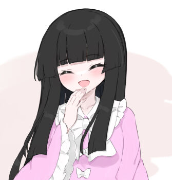 1girl ^_^ black_hair blunt_bangs blunt_sidelocks blush bow bowtie closed_eyes contrast_collar facing_viewer frilled_sailor_collar frilled_sleeves frills highres hime_cut houraisan_kaguya koharu66353343 long_hair long_sleeves pink_shirt sailor_collar shirt sidelocks simple_background smile solo straight_hair touhou upper_body very_long_hair white_background white_bow white_bowtie white_sailor_collar wide_sleeves