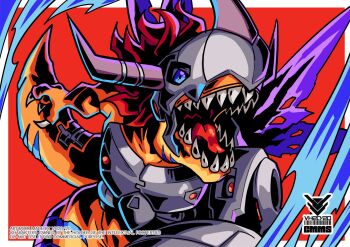 blue_eyes border cowboy_shot cyborg digimon digimon_(creature) dinosaur mechanical_arms metalgreymon no_humans open_mouth purple_wings red_background red_hair sharp_teeth simple_background single_mechanical_arm solo teeth tongue torn_wings vistahero white_border wings