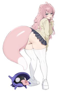 absurdres ao_(aokisora_ao) blue_eyes commentary fang from_behind gen_1_pokemon gyaru gyaru_slowpoke_(shin_no_tenpii) hand_up highres kogal looking_back messy_hair mole mole_on_ass nintendo open_mouth personification pink_hair pleated_skirt pokemon pokemon_(creature) pokemon_tail shellder shiny_skin skindentation skirt slowpoke sweater tail tail_under_clothes thighhighs white_background white_thighhighs yellow_sweater