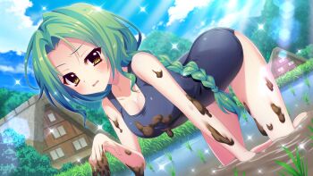 1girl all_fours blue_one-piece_swimsuit blue_sky blush braid breasts cleavage cloud collarbone day dirty dirty_clothes dirty_hands dot_nose dutch_angle film_grain forehead game_cg green_hair house izumi_tsubasu large_breasts lens_flare long_braid long_hair looking_at_viewer messy_hair mud mud_on_breasts non-circular_lens_flare non-web_source official_art one-piece_swimsuit open_mouth outdoors re:stage! rice_paddy school_swimsuit shirokita_kuroha single_braid sky solo sparkle sunlight sweat swimsuit tree yellow_eyes