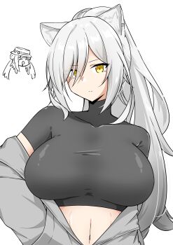 Rule 34 | 2girls, absurdres, animal ears, arknights, black shirt, breasts, ceylon (arknights), chibi, chibi inset, closed mouth, commentary request, crop top, cropped shirt, eyes visible through hair, grey jacket, hair over one eye, hand in pocket, highres, jacket, large breasts, long hair, looking at viewer, multiple girls, navel, off shoulder, partial commentary, revision, schwarz (arknights), shirt, short sleeves, simple background, solo, t-shirt, upper body, white background, white hair, xibu cai, yellow eyes