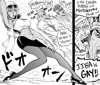 1girl 2boys absurdres arm_up bb_(baalbuddy) closed_eyes dark-skinned_female dark-skinned_male dark_skin greyscale high_heels highres jonathan_joestar mariah_(jojo) mohammed_avdol monochrome multiple_boys muscular muscular_male open_mouth speech_bubble sunglasses