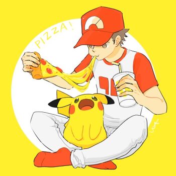 1boy brown_eyes brown_hair cheese cheese_trail chewing circle_(pixiv620288) cup fingernails food gen_1_pokemon holding holding_cup male_focus nintendo on_lap open_mouth pants pepperoni pepperoni_pizza pikachu pizza pokemon pokemon_(creature) pokemon_on_lap pokemon_sm raglan_sleeves red_(pokemon) red_socks sitting socks white_pants