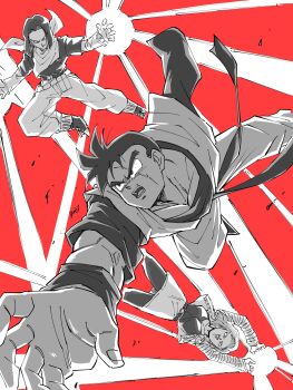 1girl 2boys absurdres amputee android_17 android_18 battle denim denim_skirt denim_vest dougi dragon_ball dragonball_z glowing greyscale_with_colored_background highres monochrome multiple_boys muscular muscular_male red_background short_hair simple_background skirt son_gohan son_gohan_(future) yui_fightpaint