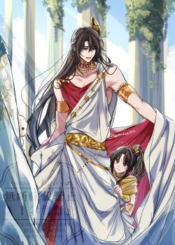 3boys aged_down ahoge alternate_costume alternate_universe ancient_greek_clothes animal armlet asymmetrical_clothes bare_shoulders belt bindi bishounen black_hair blush bow_(weapon) bracelet brown_eyes brown_hair cape chain child closed_mouth clothes_down clothes_grab coat collarbone column day earrings gold_armlet gold_belt gold_bracelet gold_chain gold_necklace greco-roman_clothes hair_between_eyes hair_down hair_ornament half_updo head_out_of_frame highres jewelry jin_ling lan_wangji leaf light_rays long_hair looking_at_another looking_at_viewer male_focus modao_zushi multiple_boys necklace official_alternate_hairstyle open_clothes open_coat open_mouth out_of_frame outdoors pillar ponytail rabbit red_cape red_eyes robe semiusa1010 side_cape sky sleeveless smile standing twitter_username two-sided_coat two-sided_fabric very_long_hair watermark weapon weapon_on_back wei_wuxian wei_wuxian_(yiling_laozu) white_coat white_robe yellow_cape