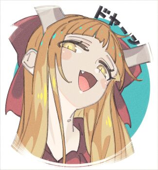 1girl :d blush commentary_request fang highres horns ibuki_suika long_hair looking_at_viewer o_(crazyoton46) open_mouth orange_hair portrait smile solo touhou yellow_eyes