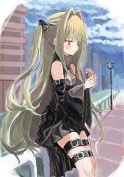 1984_(cw1000110) 1girl absurdres belt black_dress black_sleeves blush brown_hair choppy_bangs cleavage_cutout closed_mouth clothing_cutout commentary commentary_request day detached_sleeves dress english_commentary feet_out_of_frame food from_side hair_ears highres holding holding_food konjiki_no_yami long_hair long_sleeves outdoors profile red_eyes short_dress sleeveless sleeveless_dress solo standing taiyaki thigh_belt thigh_strap to_love-ru very_long_hair wagashi wide_sleeves