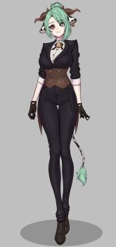 Rule 34 | 1girl, 8-ball, absurdres, alternate costume, animal ears, ball, bell, billiard ball, black jacket, black pants, black ribbon, black sclera, breasts, brown corset, brown gloves, brown shoes, closed mouth, colored sclera, corset, cow ears, cow girl, cow horns, cow tail, cowbell, crelly (vtuber), dice, ear tag, eyelashes, fang, formal clothes, full body, gloves, green hair, grey background, grey sclera, hair bun, heterochromia, highres, holding, holding ball, holding dice, horns, indie virtual youtuber, jacket, long legs, mismatched sclera, mole, mole under mouth, neck bell, neck ribbon, palbrofella, pants, red eyes, ribbon, shirt, shoes, simple background, single hair bun, skin fang, smile, solo, standing, suit, suit jacket, tail, virtual youtuber, white eyes, white shirt