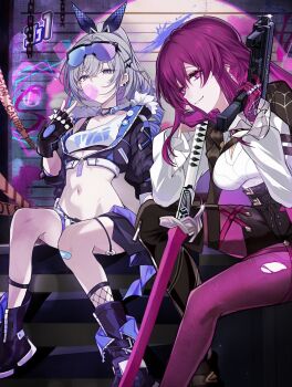 2girls bandaid bandaid_on_knee bandaid_on_leg black_gloves black_sports_bra blowing_bubble_gum boots bra_strap breasts chest_harness chewing_gum cleavage drill_hair drill_ponytail earclip eyewear_on_head fingerless_gloves fur-trimmed_jacket fur_trim gloves grey_eyes grey_hair gun hair_ornament hair_ribbon hairclip hand_on_hilt hand_up harness head_rest highres holding holding_gun holding_weapon honkai:_star_rail honkai_(series) jacket kafka_(honkai:_star_rail) katana long_hair long_sleeves looking_at_viewer medium_breasts midriff multiple_girls navel no_pupils pantyhose parted_lips purple-tinted_eyewear purple_eyes purple_gloves purple_hair purple_pantyhose ribbon saint_laurent_paris shirt silver_wolf_(honkai:_star_rail) single_drill sitting small_breasts smile spider_web_print sports_bra sword tinted_eyewear torn_clothes torn_pantyhose v weapon white_shirt