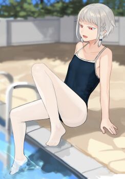 1boy :d armpit_crease bare_shoulders barefoot blue_one-piece_swimsuit blue_scrunchie blurry blurry_background braid bright_pupils collarbone commentary_request crossdressing crossdressing_(mtf) elf elf_boy_(sunaba_(nczd5875)) full_body grey_hair hair_ornament hair_scrunchie hands_on_ground highres in_water knee_up looking_down looking_to_the_side male_focus medium_hair one-piece_swimsuit open_mouth original outdoors pantyhose partial_commentary pointy_ears pool red_eyes scrunchie shadow side_braids sidelocks sitting smile solo sunaba_(nczd5875) swimsuit tongue trap water white_pantyhose white_pupils