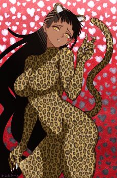 1girl afro_puffs animal_print black_hair breasts dark-skinned_female dark_skin desscaras earrings highres jewelry kayowacool007 leopard_print long_hair long_sleeves looking_at_viewer madan_no_ichi open_mouth print_bodysuit smile twintails very_dark_skin yellow_eyes