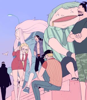 Rule 34 | 1girl, 6+boys, abs, back, beard, bird, black hair, black hat, blonde hair, blue eyes, blueno, commentary request, crossed arms, dress, eyewear on head, facial hair, fukurou (one piece), green hair, green necktie, hair slicked back, hat, hattori (one piece), jabra (one piece), jacket, jacket on shoulders, kaku (one piece), kalifa (one piece), kumadori (one piece), leg hair, long hair, long nose, multiple boys, necktie, one piece, overalls, pigeon, pink hair, ponytail, red dress, red necktie, rob lucci, short hair, sidelocks, sitting, socks, striped clothes, sutaneko, vertical-striped clothes, zipper