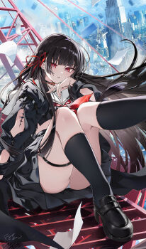 1girl arm_cutout baisi_shaonian black_choker black_hair black_jacket black_serafuku black_shirt black_shoes black_skirt black_socks chisa_(wuthering_waves) choker clothing_cutout commentary crop_top fingernails hair_ribbon hand_up highres jacket knees_up loafers long_hair long_sleeves looking_at_viewer mole mole_under_eye neckerchief panties panty_peek parted_lips red_eyes red_neckerchief red_ribbon ribbon sailor_collar school_uniform serafuku shirt shoes sitting skirt socks solo tacet_mark_(wuthering_waves) thigh_strap thighs underwear very_long_hair white_panties white_sailor_collar wuthering_waves