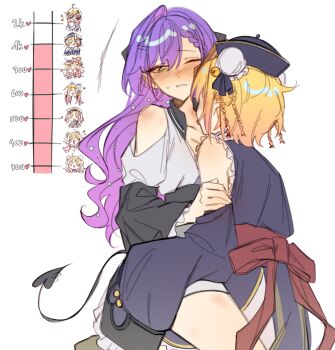 2girls absurdres blonde_hair blush braid braided_bangs braided_hair_rings bun_cover chinese_clothes clothing_cutout demon_tail dress frilled_sleeves frills green_eyes hair_rings hand_on_another&#039;s_shoulder hat highres hololive kiss_meter_(meme) legzy licking licking_another&#039;s_neck long_hair long_sleeves meme momosuzu_nene momosuzu_nene_(jiangshi) multiple_girls official_alternate_color official_alternate_costume official_alternate_hairstyle one_eye_closed piercing purple_dress purple_hair purple_hat qingdai_guanmao quad_hair_rings short_hair shoulder_cutout sleeves_past_fingers sleeves_past_wrists tail tail_ornament tail_piercing tokoyami_towa tokoyami_towa_(7th_costume) virtual_youtuber white_background yuri