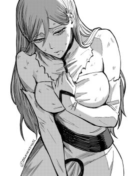 1girl artist_name bare_shoulders battle_damage bleach breasts detached_sleeves female_focus hair_ornament inoue_orihime large_breasts long_hair monochrome seveninks simple_background snowflake_hair_ornament solo solo_focus standing torn_clothes white_background