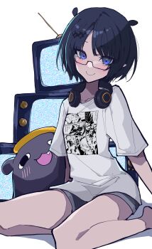 1girl absurdres bare_legs black_hair blue_eyes blush commentary crt english_commentary glasses grey_shorts hair_ornament headphones headphones_around_neck highres hololive hololive_english looking_at_viewer mentally_deficient mole mole_under_eye ninomae_ina'nis ninomae_ina'nis_(loungewear) official_alternate_costume pixie_cut pointy_ears rabbit_ears_antenna semi-rimless_eyewear shirt short_hair short_shorts short_sleeves shorts simple_background sitting smile solo static t-shirt takodachi_(ninomae_ina'nis) television virtual_youtuber wariza white_background white_shirt