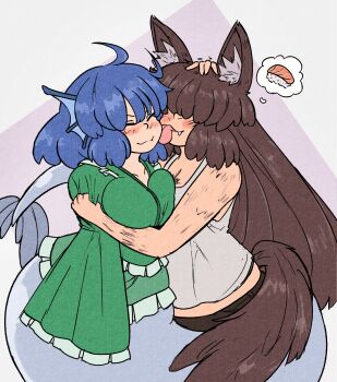 2girls abstract_background absurdres ahoge animal_ear_fluff animal_ears arm_hair blue_background blue_hair blush breasts brown_hair chest_hair closed_eyes closed_mouth commentary english_commentary fang fins fish_(food) food green_kimono hair_over_eyes head_fins highres hug imaizumi_kagerou japanese_clothes kimono large_breasts licking licking_another&#039;s_cheek licking_another&#039;s_face long_bangs long_hair mcsquiddies mermaid midriff_peek monster_girl multiple_girls nigirizushi purple_background rubbing_head short_hair smile speech_bubble spoken_food sushi tail tail_wrap tank_top thought_bubble tongue tongue_out touhou upper_body v-shaped_eyebrows very_long_hair wakasagihime white_background white_tank_top wolf_ears wolf_girl wolf_tail yuri
